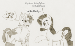 Size: 1288x800 | Tagged: safe, artist:foxxy-arts, part of a set, rarity, oc, oc:foxxy hooves, hippogriff, pony, unicorn, g4, blushing, canon x oc, chest fluff, crush, dialogue, duo, ear, female, floating heart, fluffy, heart, hippogriff oc, lesbian, lidded eyes, looking at each other, monochrome, part of a series, raised leg, simple background, smiling, thought bubble, traditional art, white background