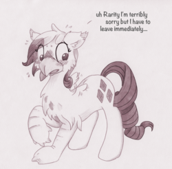 Size: 1000x982 | Tagged: safe, artist:foxxy-arts, part of a set, rarity, oc, oc:foxxy hooves, hippogriff, pony, g4, blushing, character to character, chest fluff, dialogue, ear fluff, embarrassed, hippogriff oc, monochrome, open beak, part of a series, raised hoof, simple background, solo, sweat, sweatdrops, traditional art, transformation, transformation sequence, twinning, white background