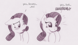 Size: 1381x800 | Tagged: safe, artist:foxxy-arts, part of a set, rarity, pony, unicorn, g4, blushing, bust, confused, dialogue, excited, female, floppy ears, hoof over mouth, monochrome, open mouth, part of a series, portrait, simple background, smiling, solo, traditional art, white background