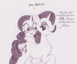 Size: 1074x900 | Tagged: safe, artist:foxxy-arts, part of a set, rarity, oc, oc:foxxy hooves, pony, unicorn, g4, bedroom eyes, blushing, character to character, chest fluff, dialogue, duality, duo, looking at each other, looking back, monochrome, open mouth, part of a series, personal space invasion, self ponidox, simple background, smiling, traditional art, transformation, transformation sequence, transformed, twinning, white background
