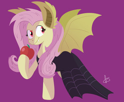 Size: 1148x947 | Tagged: safe, artist:bluemerald333, fluttershy, pegasus, pony, apple, bat ears, bat pony costume, bat wings, black dress, clothes, costume, dress, fangs, female, flutterbat costume, food, halloween, halloween costume, holiday, hoof hold, looking at you, looking sideways, mare, purple background, raised hoof, red eyes, simple background, smiling, solo, standing, three quarter view, wings