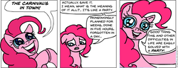 Size: 929x357 | Tagged: safe, artist:gingerfoxy, pinkie pie, earth pony, pony, pony comic generator, g4, comic, existential crisis, female, floppy ears, mare, mood swing, mood whiplash, solo, starry eyes, that pony sure does love parties, wingding eyes