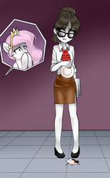 Size: 1100x1773 | Tagged: safe, artist:nekojackun, princess celestia, raven, pony, unicorn, equestria girls, g4, cake, clothes, female, food, glasses, hair bun, high heels, legs, plate, shoes, side slit, skirt, this will end in banishment