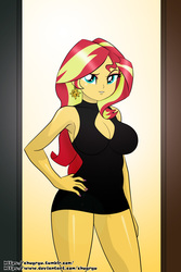 Size: 2000x3000 | Tagged: safe, artist:chuyryu, sunset shimmer, equestria girls, g4, armpits, big breasts, black dress, breasts, busty sunset shimmer, cleavage, clothes, dress, ear piercing, earring, eyeshadow, female, hand on hip, high res, jewelry, little black dress, looking at you, makeup, miniskirt, nail polish, piercing, raised eyebrow, sexy, skirt, smiling, solo, stupid sexy sunset shimmer, sunset's apartment, thighs