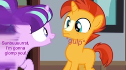 Size: 750x421 | Tagged: safe, edit, edited screencap, screencap, starlight glimmer, sunburst, pony, unicorn, g4, uncommon bond, age regression, blank flank, colt sunburst, female, filly, filly starlight glimmer, great moments in animation, image macro, imminent glomp, meme, mirrored, motion blur, nyoom, pigtails, text, younger