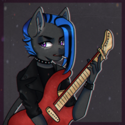 Size: 1400x1400 | Tagged: safe, artist:sonysosony, oc, oc only, oc:andromeda, pegasus, anthro, anthro oc, choker, cigarette, clothes, commission, ear fluff, female, guitar, looking at you, mare, musical instrument, playing guitar, playing instrument, punk, punk rock, purple eyes, shirt, solo, striped mane, traditional art, ych result