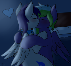 Size: 2146x1995 | Tagged: safe, artist:candel, oc, oc only, oc:waterpony, oc:weldbead, pegasus, pony, bed, blushing, commission, eyes closed, gay, heart, hug, kissing, male, moonlight, oc x oc, pillow, shipping, sitting on lap, wings