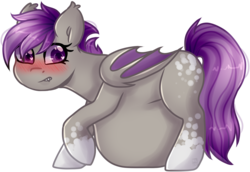 Size: 1937x1336 | Tagged: safe, artist:grapegrass, oc, oc only, oc:midnight blossom, bat pony, pony, bat pony oc, belly, blushing, coat markings, cute, cutie mark, dappled, embarrassed, fat, fat fetish, female, fetish, mare, simple background, socks (coat markings), solo, transparent background, ych result