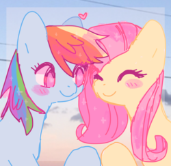 Size: 1280x1245 | Tagged: safe, artist:pxunii, fluttershy, rainbow dash, blush sticker, blushing, bust, cute, female, flutterdash, heart, lesbian, looking at each other, shipping, smiling