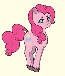 Size: 362x423 | Tagged: safe, artist:misfithippie, part of a set, pinkie pie, earth pony, pony, g4, chest fluff, colored hooves, female, mare, no pupils, pronking, simple background, solo, unshorn fetlocks, yellow background