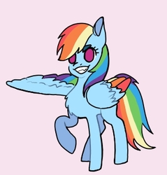 Size: 320x335 | Tagged: safe, artist:misfithippie, part of a set, rainbow dash, pegasus, pony, g4, chest fluff, colored wings, female, grin, mare, multicolored wings, no pupils, pink background, rainbow wings, raised hoof, simple background, smiling, solo