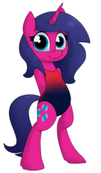 Size: 1756x3000 | Tagged: safe, artist:moonatik, oc, oc only, oc:fizzy pop, unicorn, semi-anthro, arm behind back, bipedal, clothes, commission, cute, female, looking at you, mare, one-piece swimsuit, simple background, solo, standing on two hooves, swimsuit, transparent background