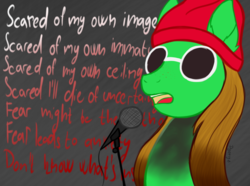 Size: 1181x881 | Tagged: safe, artist:dyonys, oc, oc only, oc:lucky brush, earth pony, pony, doubt, female, glasses, hat, lyrics, mare, microphone, solo, song reference, text, twenty one pilots