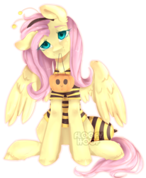 Size: 1581x1916 | Tagged: safe, artist:floofyhoof, fluttershy, pegasus, pony, g4, animal costume, bee costume, clothes, costume, cute, female, flutterbee, halloween, head tilt, holiday, looking at you, mare, mouth hold, nightmare night costume, outline, pumpkin bucket, shyabetes, simple background, sitting, solo, transparent background, trick or treat, wings