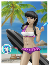 Size: 1200x1600 | Tagged: safe, alternate version, artist:magarnadge, dj pon-3, octavia melody, vinyl scratch, human, equestria girls, g4, abs, bikini, blood, breasts, cleavage, clothes, equestria girls outfit, female, food, humanized, lesbian, nosebleed, popsicle, ship:scratchtavia, shipping, signature, surfboard, swimsuit