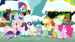 Size: 1280x720 | Tagged: safe, screencap, applejack, fluttershy, pinkie pie, rainbow dash, rarity, spike, dragon, earth pony, pegasus, pony, unicorn, g4, my little pony best gift ever, applejack's hat, bow, christmas, christmas lights, clothes, cowboy hat, earmuffs, female, fluttershy's purple sweater, glasses, hat, holiday, lights, mare, my little pony logo, scarf, snow, stetson, striped scarf, sweater, sweatershy, winged spike, wings, winter, winter outfit, wreath, youtube thumbnail