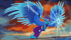 Size: 2059x1158 | Tagged: safe, artist:phucknuckl, oc, oc only, oc:runic shield, pegasus, anthro, unguligrade anthro, anthro oc, armor, female, large wings, mare, shield, solo, sword, unconvincing armor, weapon, wings