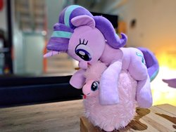 Size: 1024x768 | Tagged: safe, artist:nekokevin, starlight glimmer, oc, oc:fluffle puff, pony, unicorn, series:nekokevin's glimmy, g4, female, fluffy, irl, looking down, mare, open mouth, photo, plushie, ponies riding ponies, riding, size difference, smiling, starlight glimmer riding fluffle puff, tongue out