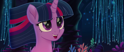 Size: 1920x804 | Tagged: safe, screencap, twilight sparkle, alicorn, seapony (g4), g4, my little pony: the movie, bubble, clothes, coral, crepuscular rays, cropped, dorsal fin, female, fin, fin wings, fins, flowing mane, flowing tail, happy, horn, mare, ocean, open mouth, open smile, purple eyes, scales, seaponified, seapony twilight, seaquestria, seaweed, see-through, smiling, solo, species swap, spread wings, swimming, tail, throne room, twilight sparkle (alicorn), underwater, water, wings