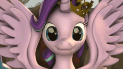 Size: 640x360 | Tagged: safe, artist:senrobotpony, edit, princess celestia, starlight glimmer, alicorn, pony, g4, 3d, alicornified, animated, chair, close-up, crown, cute, female, gif, glimmerbetes, grin, jewelry, looking at you, loop, race swap, regalia, smiling, solo focus, source filmmaker, spread wings, squee, starlicorn, tree, wings
