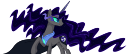 Size: 1024x440 | Tagged: safe, artist:traveleraoi, oc, oc only, oc:somber moon, pony, unicorn, base used, cape, clothes, colored horn, colored pupils, cutie mark, ethereal mane, female, horn, jewelry, moon, offspring, parent:king sombra, parent:nightmare moon, parent:princess luna, parents:lumbra, parents:sombramoon, regalia, shadow, simple background, solo, sombra eyes, sparkles, transparent background