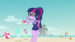 Size: 1920x1080 | Tagged: safe, screencap, bulk biceps, microchips, paisley, sandalwood, sci-twi, starlight, twilight sparkle, valhallen, human, equestria girls, equestria girls series, forgotten friendship, g4, adorkable, background human, beach, clothes, cute, dork, feet, female, geode of telekinesis, glasses, magical geodes, male, meganekko, ocean, one-piece swimsuit, peace sign, ponytail, rock horse, sand, sandals, sci-twi swimsuit, selfie, smiling, swimsuit, twiabetes