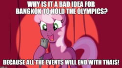 Size: 888x499 | Tagged: safe, cheerilee, earth pony, pony, g4, bangkok, cheerilee pun, exploitable meme, image macro, meme, olympics, pun, text