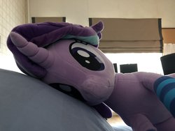 Size: 2048x1536 | Tagged: safe, artist:nekokevin, starlight glimmer, pony, unicorn, series:nekokevin's glimmy, g4, clothes, female, irl, looking at you, mare, photo, pillow, plushie, smiling, socks, solo, striped socks
