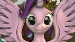 Size: 1280x720 | Tagged: safe, artist:senrobotpony, starlight glimmer, alicorn, pony, g4, 3d, alicornified, animated, chair, close-up, crown, cute, female, glimmerbetes, grin, jewelry, large wings, looking at you, princess starlight glimmer, race swap, regalia, smiling, solo, sound, source filmmaker, spread wings, squee, starlicorn, tree, webm, wings