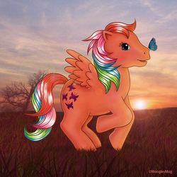 Size: 720x720 | Tagged: safe, artist:moogleymog, flutterbye, butterfly, pegasus, pony, g1, adorabye, butterfly on nose, cute, female, insect on nose, mare, multicolored hair, multicolored mane, multicolored tail, purple eyes, rainbow ponies, solo, sunset, tail