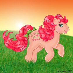 Size: 600x600 | Tagged: safe, artist:moogleymog, cherries jubilee, pony, g1, bow, cherries cuteilee, cute, female, solo, tail bow