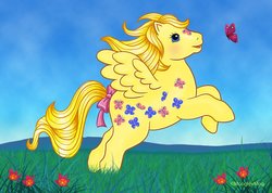 Size: 800x569 | Tagged: safe, artist:moogleymog, dancing butterflies, butterfly, pegasus, pony, g1, bow, female, solo, tail bow, twice as fancy ponies