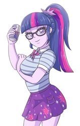 Size: 1865x2937 | Tagged: safe, artist:sumin6301 edits, edit, sci-twi, twilight sparkle, equestria girls, g4, my little pony equestria girls: better together, clothes, energy drink, female, geode of telekinesis, glasses, looking at you, magical geodes, ponytail, red bull, simple background, skirt, smiling, solo, white background