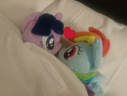 Size: 1024x768 | Tagged: safe, rainbow dash, twilight sparkle, pegasus, pony, unicorn, g4, bed, blanket, boop, cute, duo, emoji, female, heart, irl, lesbian, mare, mutual booping, noseboop, on side, photo, pillow, plushie, ship:twidash, shipping