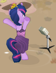 Size: 251x327 | Tagged: safe, gameloft, twilight sparkle, g4, bipedal, clothes, dress, microphone, singing