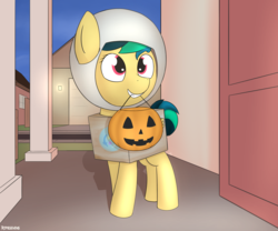 Size: 3000x2500 | Tagged: safe, artist:triplesevens, oc, oc only, oc:apogee, pegasus, pony, clothes, costume, doorway, female, filly, halloween, high res, holiday, night, pumpkin bucket, smiling, solo, trick or treat