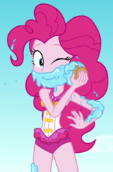 Size: 627x948 | Tagged: safe, screencap, pinkie pie, equestria girls, equestria girls specials, g4, my little pony equestria girls: better together, my little pony equestria girls: forgotten friendship, clothes, cropped, cupcake, food, swimsuit