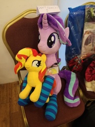 Size: 3120x4160 | Tagged: safe, starlight glimmer, sunset shimmer, pony, unicorn, g4, chair, clothes, cute, female, irl, kelly sheridan, photo, plushie, socks, striped socks