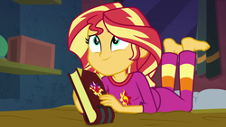 Size: 1920x1080 | Tagged: safe, screencap, sunset shimmer, equestria girls, equestria girls specials, g4, my little pony equestria girls: better together, my little pony equestria girls: forgotten friendship, barefoot, bed, book, cute, feet, female, shimmerbetes, solo