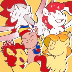 Size: 700x700 | Tagged: safe, artist:mewy101, oc, oc:indonisty, oc:kwankao, oc:rosa blossomheart, oc:temmy, project seaponycon, happy, nation ponies, singapore