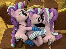 Size: 2048x1536 | Tagged: safe, photographer:exakr, starlight glimmer, project seaponycon, g4, chair, clothes, cuddle puddle, cuddling, irl, multeity, photo, pony pile, singapore, socks, starlight cluster, striped socks, triality, trio