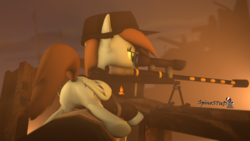 Size: 1920x1080 | Tagged: safe, artist:spinostud, oc, oc only, pony, 3d, building, clothes, debris, female, gun, hat, lying, mare, random pony, rifle, sniper, sniper rifle, solo, source filmmaker, uniform, weapon