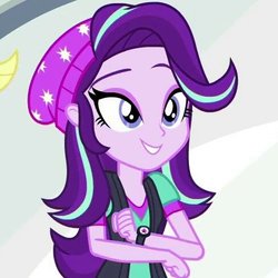 Size: 487x487 | Tagged: safe, screencap, starlight glimmer, equestria girls, equestria girls specials, g4, my little pony equestria girls: mirror magic, beanie, clothes, cropped, hat, smiling, solo focus, watch