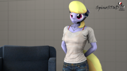 Size: 1920x1080 | Tagged: safe, artist:spinostud, cloud kicker, anthro, g4, 3d, clothes, female, headcam, jeans, mare, microphone, pants, random pony, shirt, smiling, solo, source filmmaker, white shirt