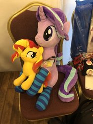 Size: 1536x2048 | Tagged: safe, artist:nightietime, artist:onlyfactory, photographer:nightietime, starlight glimmer, sunset shimmer, pony, unicorn, project seaponycon, g4, bootleg, chair, clothes, irl, photo, plushie, singapore, socks, striped socks