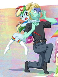 Size: 711x934 | Tagged: safe, artist:uotapo, fluttershy, rainbow dash, zephyr breeze, pony, equestria girls, g4, abstract background, age swap, angry, arms, barrette, belt, black socks, chokehold, choking, clothes, cropped, female, frown, hairclip, hairpin, jeans, kneeling, legs, male, man bun, marker, missing shoes, offscreen character, older, open mouth, pants, pinpoint eyes, prank fail, role reversal, shirt, shorts, shrunken pupils, sitting, skirt, smoldash, socks, stubble, surprised, sweat, sweatdrop, tank top, younger, zephabuse, zephyrbuse