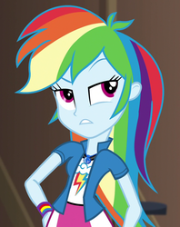 Size: 845x1069 | Tagged: safe, screencap, rainbow dash, equestria girls, equestria girls specials, g4, my little pony equestria girls: movie magic, annoyed, clothes, cool, cropped, female, geode of super speed, hand on hip, magical geodes, meh, pose, skirt, solo, wristband