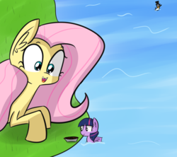 Size: 1593x1413 | Tagged: safe, artist:artiks, fluttershy, twilight sparkle, oc, oc:mrducknosa, duck pony, pegasus, pony, g4, cute, eyes on the prize, female, food, happy, hilarious in hindsight, mare, micro, missing horn, open mouth, pegasus twilight sparkle, race swap, size difference, smiling, species swap, twiabetes, water, wide eyes