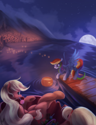 Size: 2822x3669 | Tagged: dead source, safe, artist:fluttersheeeee, applejack, rainbow dash, earth pony, pegasus, pony, g4, candy, female, food, full moon, halloween, high res, holiday, jack-o-lantern, lollipop, mare, moon, mouth hold, night, pumpkin, smiling, water