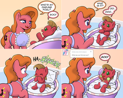 Size: 1502x1202 | Tagged: safe, artist:muffinshire, oc, oc:charity, oc:pun, pony, ask pun, ask, baby, baby pony, baby punny, diaper, female, mother and daughter, pun, sneezing, snot, visual pun, younger